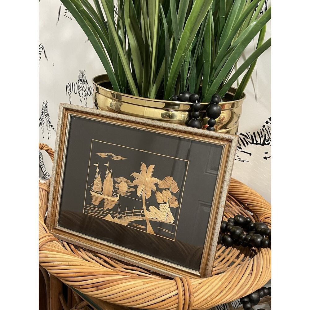 Framed Vintage Asian Straw Art with Sailboats Nautical Island Theme 1950-60s - Picture 2 of 8